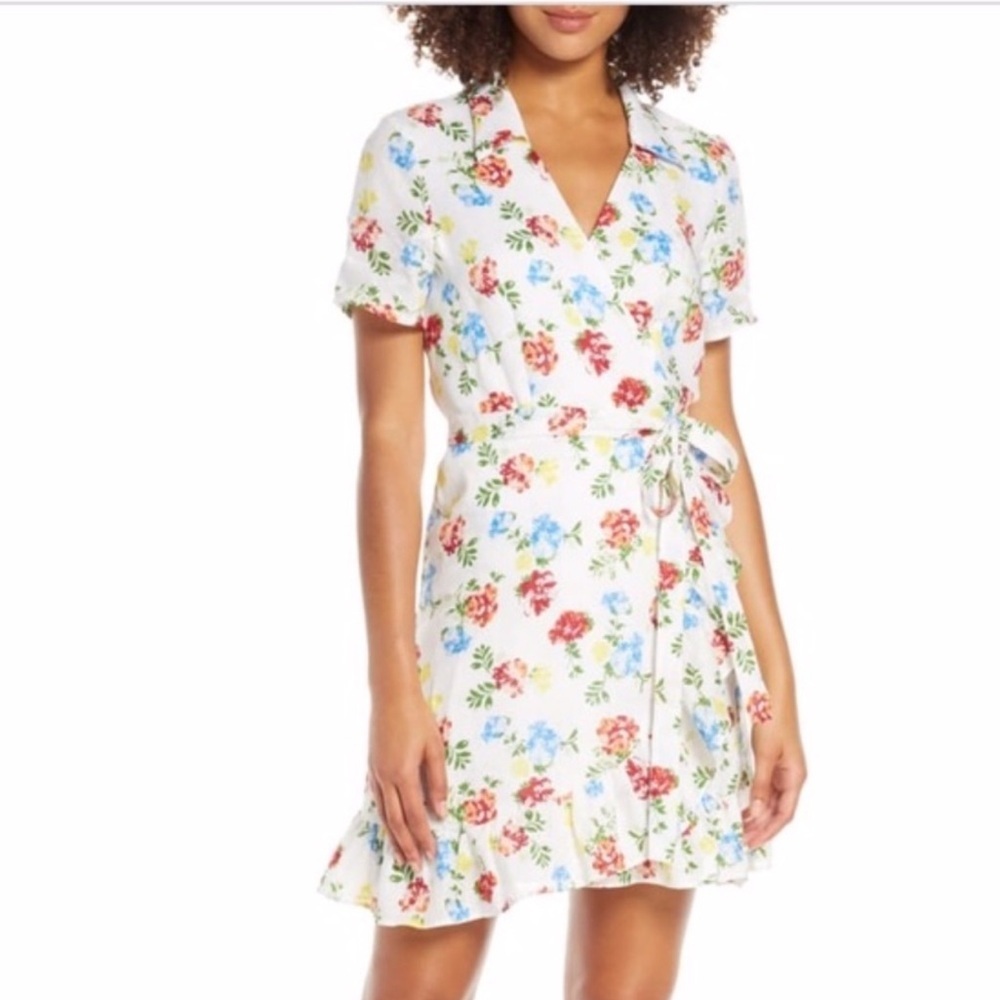 Charles Henry Floral Linen Wrap Dress S | Ruffle Hem Collared Summer Mini Dress